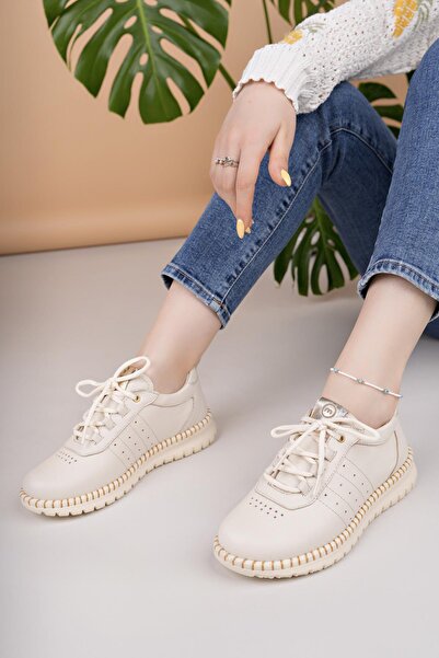 Mammamia D25YA 3275 Krem Hakiki Deri Bağcıklı Kadın Ayakkabı