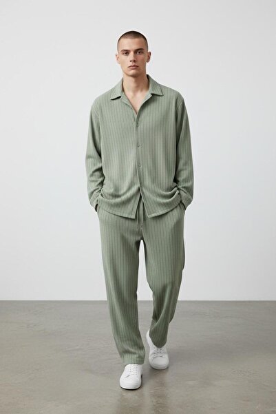 Altamira Set cămașă supradimensionată cu dungi verzi pentru bărbați