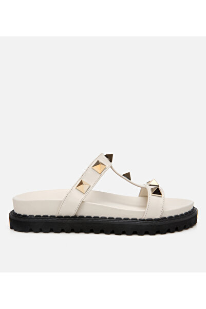 Hotiç Γυναικείες δερμάτινες πέτρινες παντόφλες εκρού