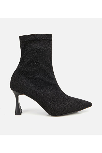 Hotiç Kadın Siyah Simli Streç Fermuarlı Bilekte İnce Topuklu Bot