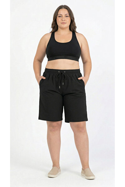 Miami Beach Kadın Büyük Beden Siyah Düz Renk Hızlı Kuruyan Kumaş Iki Yan Cepl...