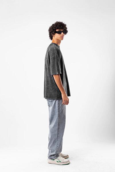 Sekizbiraltı Yıkamalı Siyah Basic Oversize Unisex Tshirt