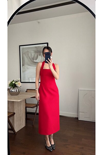 Selin Damla Women's Midi Length Pencil Dress Halter Neck Tie-Detail Slit