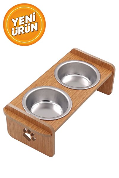 hural ahşap dekorasyon Paslanmaz Çelik Kaseli Ahşap Kedi Köpek Mama Ve Su Kabı