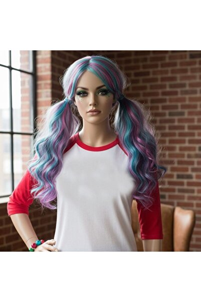 partidolu Хелоуин Харли Куин смесена цветна дълга парти перука 60 см за възра...