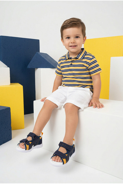 kids A more Double Velcro Air Mesh Detailed Genuine Leather Baby Boy Sandals Navy Blue