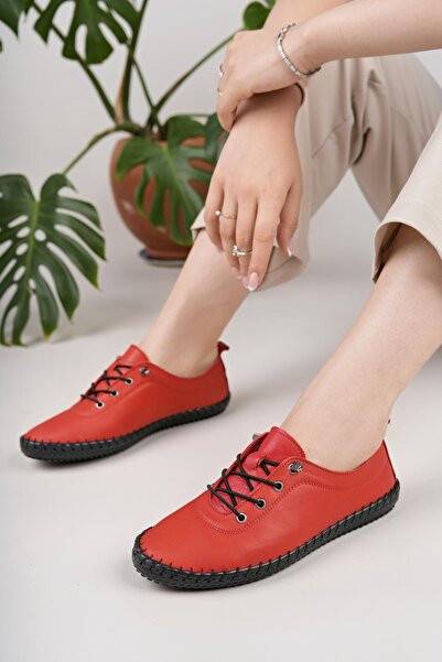 Nesil Shoes حذاء ماريا 300 نسائي يومي من الجلد الطبيعي الناعم باللون الأحمر