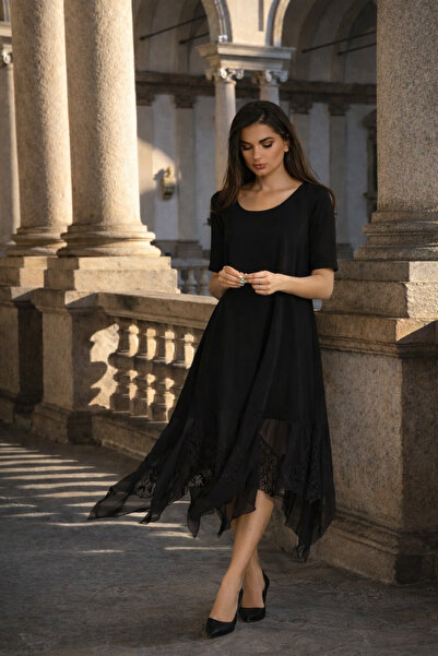 Laranor Rahat Kesim U Yaka Etek Ucu Asimetrik Şifon ve Dantel Detay Tasarım E...