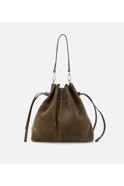Hotiç Kadın Süet Deri Haki Bucket Omuz Çantası