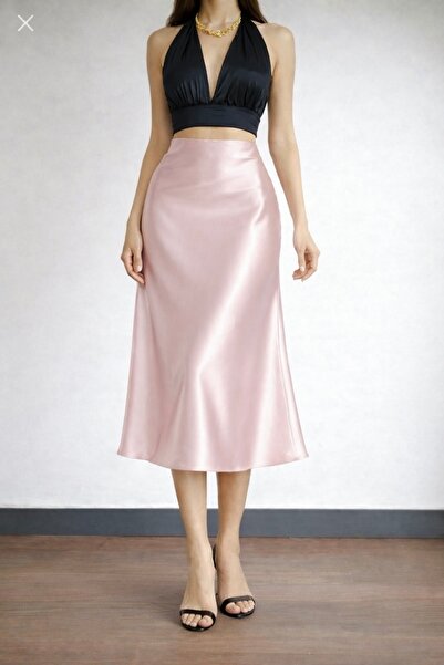 Kahra Collection Pudra Pembe Midi Boy Dökümlü Saten Etek