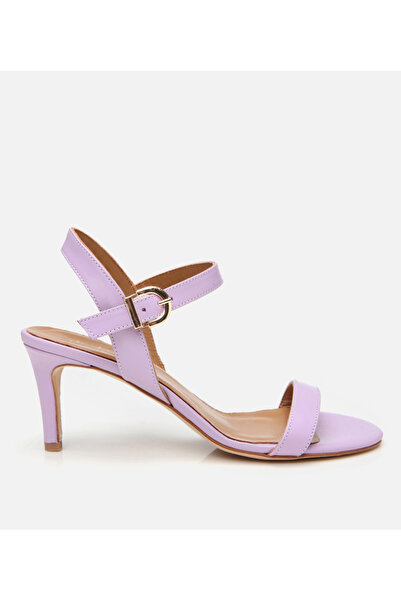 Hotiç Γυναικεία δερμάτινα μωβ πέδιλα με τακούνι με ζώνη