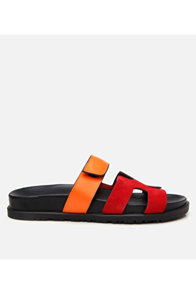 Hotiç Γυναικείες δερμάτινες κόκκινες ρυθμιζόμενες φλατ παντόφλες