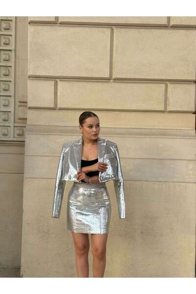 NYMPHA CLOTHING Sequin Jacket and Skirt Set, Silver, Stellar XS