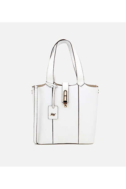 Hotiç Kadın Deri Beyaz Kilit Detaylı Tote Çanta