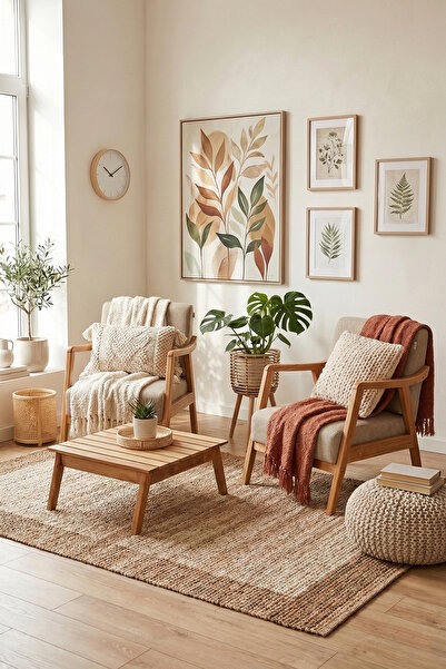 Zem Favela Bohem Çay Seti Natürel Ahşap, Sütlü Kahve (1 ADET İKİLİ BERJER 1 A...