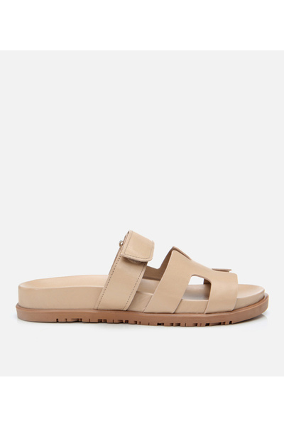 Hotiç Γυναικείες δερμάτινες μπεζ ρυθμιζόμενες φλατ παντόφλες