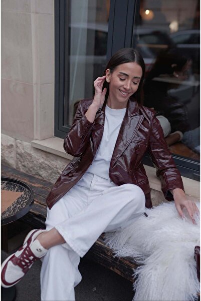 NYMPHA CLOTHING Jacheta Lucioasa Tip Sacou, Visinie, Ox Blood XS/S