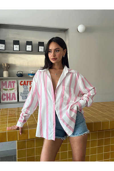 mydukkan.co قميص بخطوط سميكة بجيوب - وردي