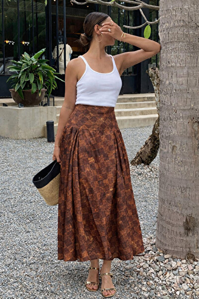 Lijuri Yüksek Bel Kahve Gold Kareli Desenli Pileli Midi Etek 4084