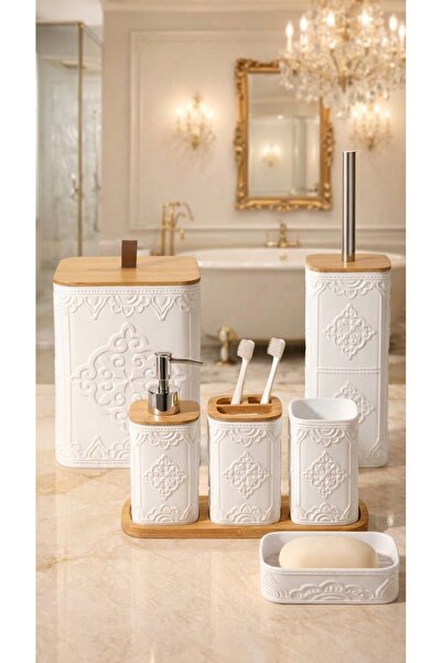 MAKRİ HOME Desenli 7 Parça Bambu Kapaklı ve Aksesuarlı Banyo Seti