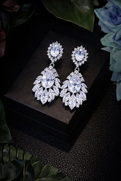 VİYA Pollen Gümüş Renk Zirkon Taşlı Küpe Abiye Düğün Nişan Söz Parti Davet He...