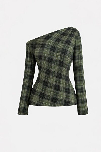 HAZELANNA Μπλούζα χακί με ανοιχτούς ώμους, σετ Καρό τεμαχίων