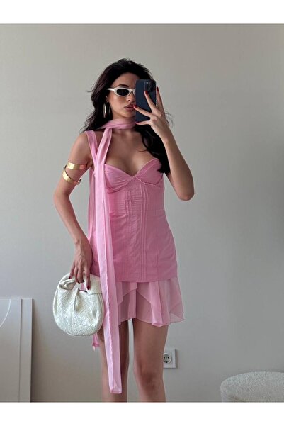 MARCELY Pink Tulle Scarf Chiffon Back Detail Beach Dress Ultra Mini