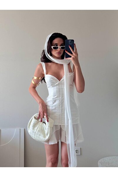 MARCELY White Tulle Scarf Chiffon Back Detail Beach Dress Ultra Mini