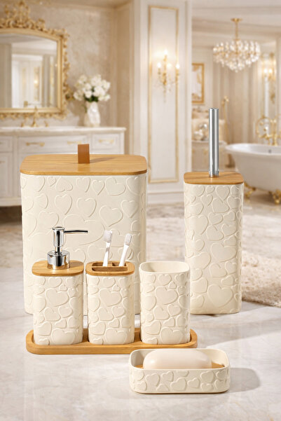 MAKRİ HOME Set de baie din bambus cu model, 7 piese, cu capace și accesorii