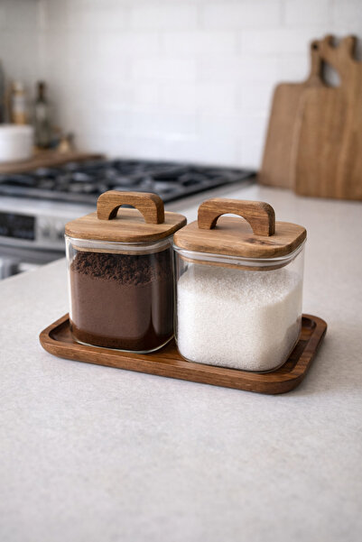 LEONEV وعاء زجاجي من البوروسيليكات مع قاعدة وغطاء من خشب الأكاسيا (قطعتان)