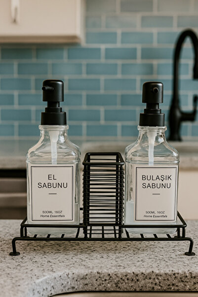 MAKRİ HOME Premium Stantlı Cam Sıvı Sabunluk & Deterjanlık Seti – İkili (Süng...