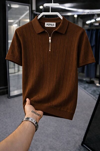 pepule Men's Polo Neck Knitted Patterned Knitwear Regular Multi-Colored T-Shi...