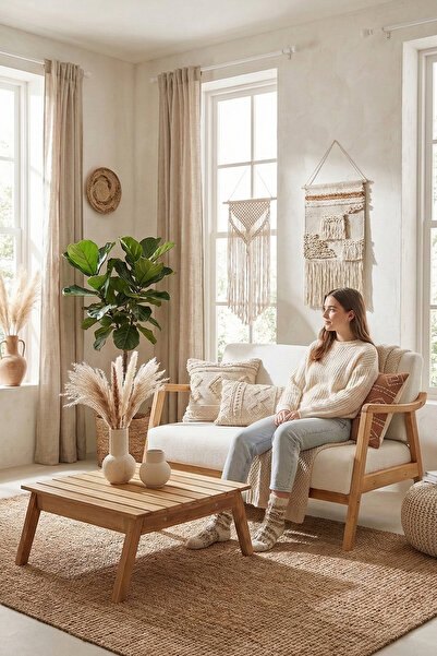 Zem Favela Bohem Çay Seti Natürel Ahşap, Kırık Beyaz (1 ADET IKİLİ BERJER 1 A...