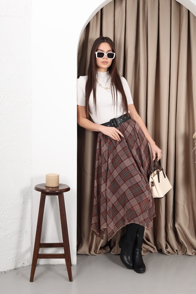 YEK&BİR Plaid Asymmetric Chiffon Skirt Black