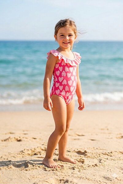 shop Kız Çocuk Fırfırlı Pembe Kalp Baskılı Arkası Çapraz Çocuk Mayo