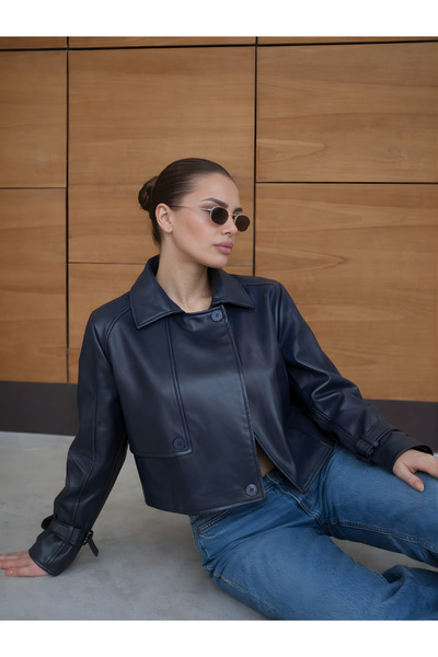 lidyasara Kadın Kol Kemer Detaylı Crop Deri Ceket