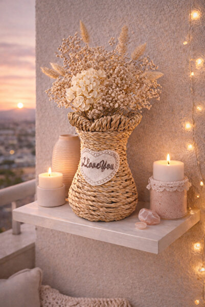 NEWNOW Vază decorativă din răchită, rustică boemă, cu flori scrise pe blatul ...