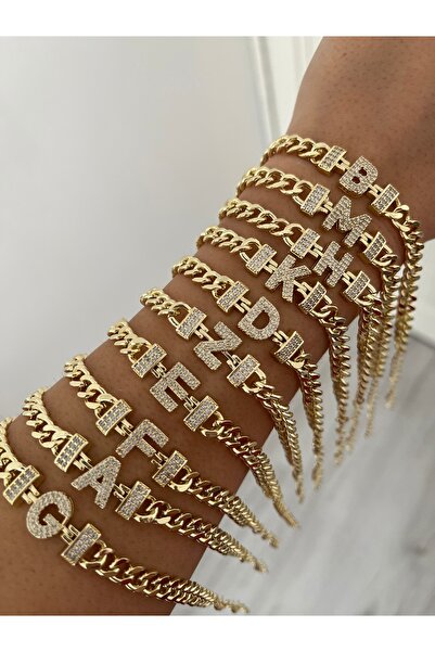 nergis collection Kadın 14K Gurmet Zincir Zirkon Taşlı Harfli Bileklik (soru ...