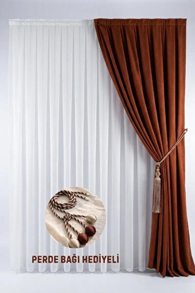 İNCİLİFE Kiremit Rengi Kadifemsi Ada Fon Perde – 1/2,5 Orta Pileli (V-37)