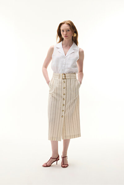 Mudo KEMER DETAYLI ÇİZGİLİ MİDİ ETEK