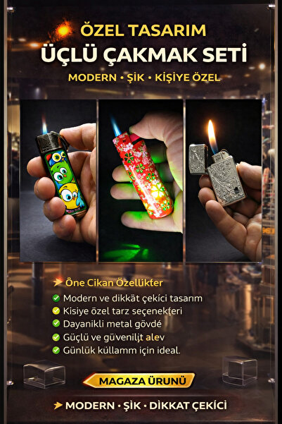 DoğanÇakmak Çakmak 3 lü set ışıklı cakmak. Gazlı metal Kapaklı. UV baskılı me...