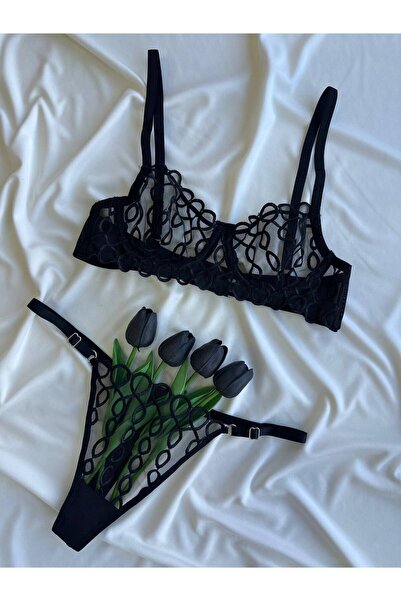 ROZENİN LINGERIE Yılbaşı Özel Siyah Zincir Desenli Transparan Bralet Takım