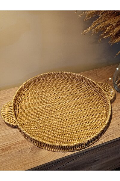 Paganca Hasır Rattan Sunum Tepsi Organizer Yuvarlak Geniş Boy