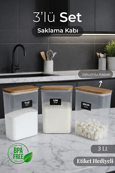 naturelove 3-Piece Wooden Vacuum Lid Flour Salt Sugar Storage Box Jar 3000 ml...