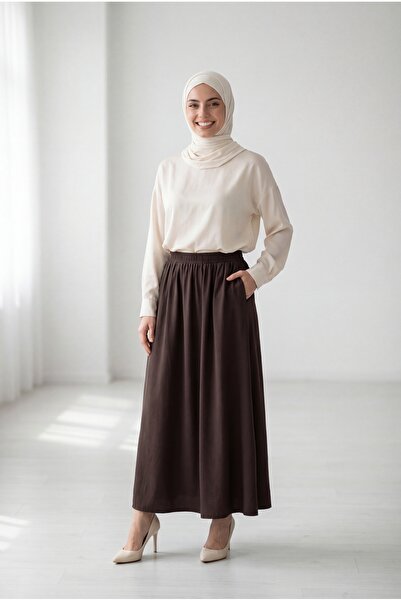 BENAHOLL Buğlem Çift Cepli Parçalı Etek-BY5036.1 Kahve