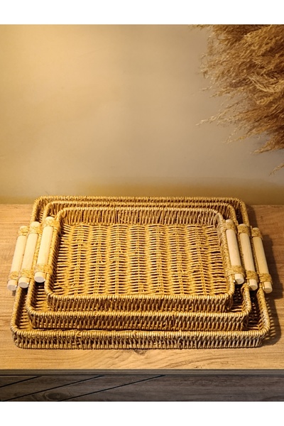 Paganca صينية عرض من الخيزران والراتان مكونة من 3 قطع، منظم مستطيل الشكل مع م...