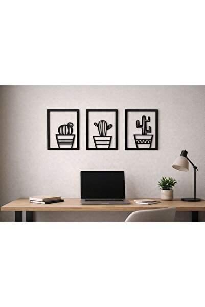 ArliaDesign 3 Parçalı Kare Şeklinde Kaktüsler Ahşap Tablo Seti / Duvar Dekoru / Siyah 3 mm MDF