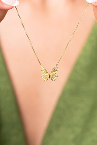 SUNSHINE 925 Ayar Gold Kaplamalı Beyaz Taşlı Kanatları Sallantılı Kelebek Güm...