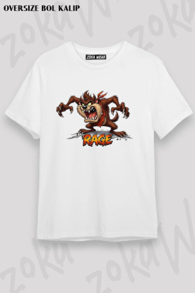 ZOKAWEAR Unisex Oversize Kalıp Tazmanya Canavarı v4 Tasarım Baskılı Tshirt