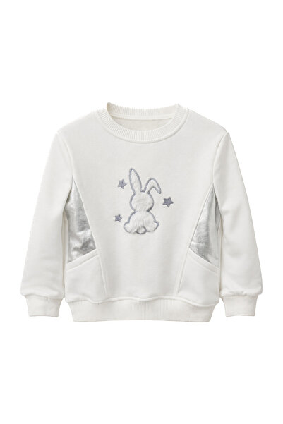 BALKABAĞI Zečica Pliš Aplikovana srebrna detaljna bela dečija majica 100% pam...